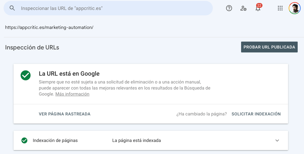 Captura de pantalla de Google Search Console, mostrando una URL indexada