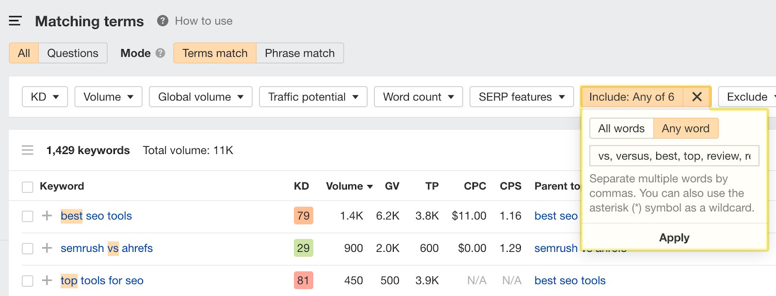 Dropdown text field to add comparison modifiers in Matching terms report