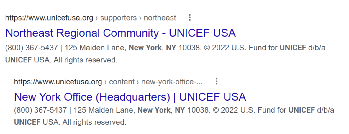 Excerpt of Google SERP showing UNICEF branches