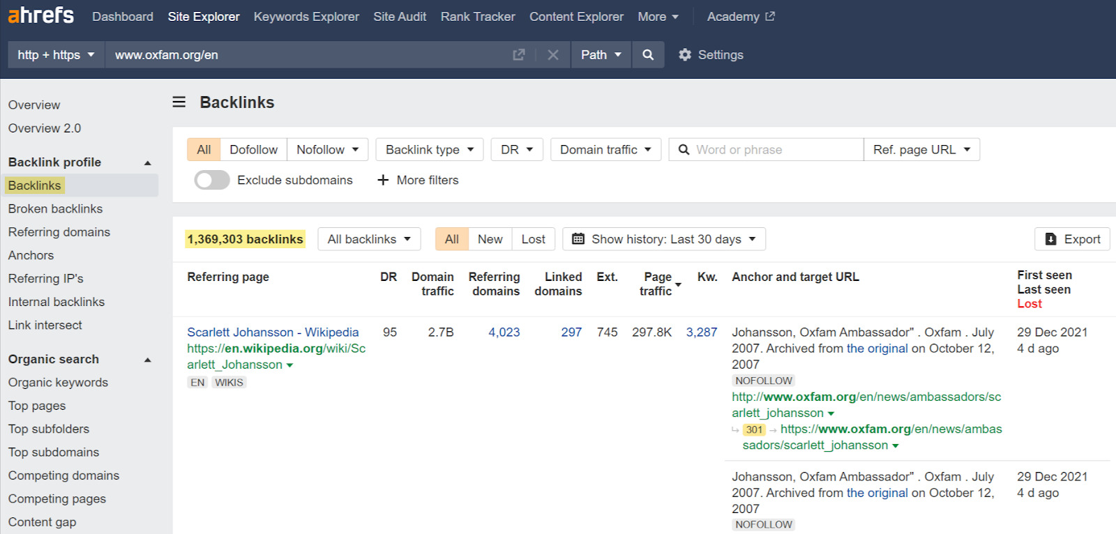 Backlinks report results