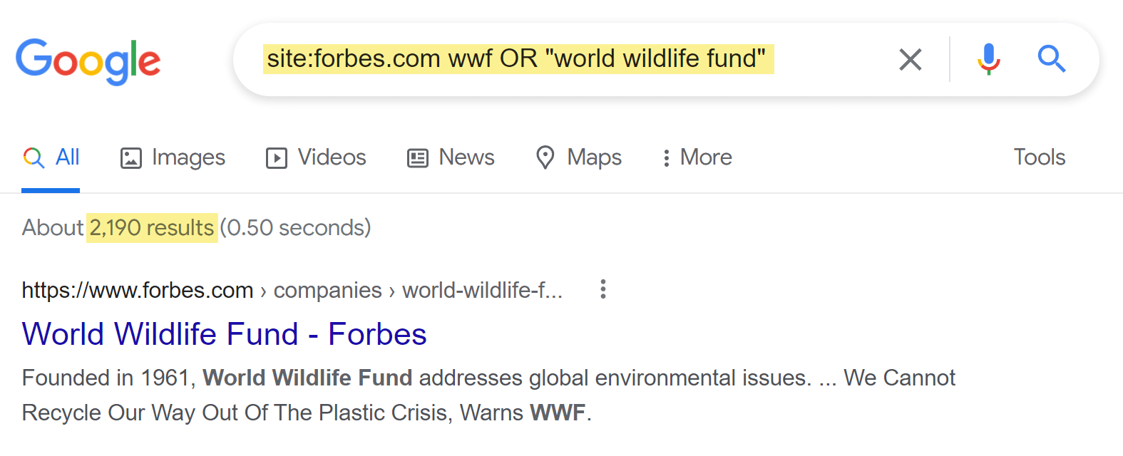 Google SERP for WWF mentions on Forbes with search operators applied