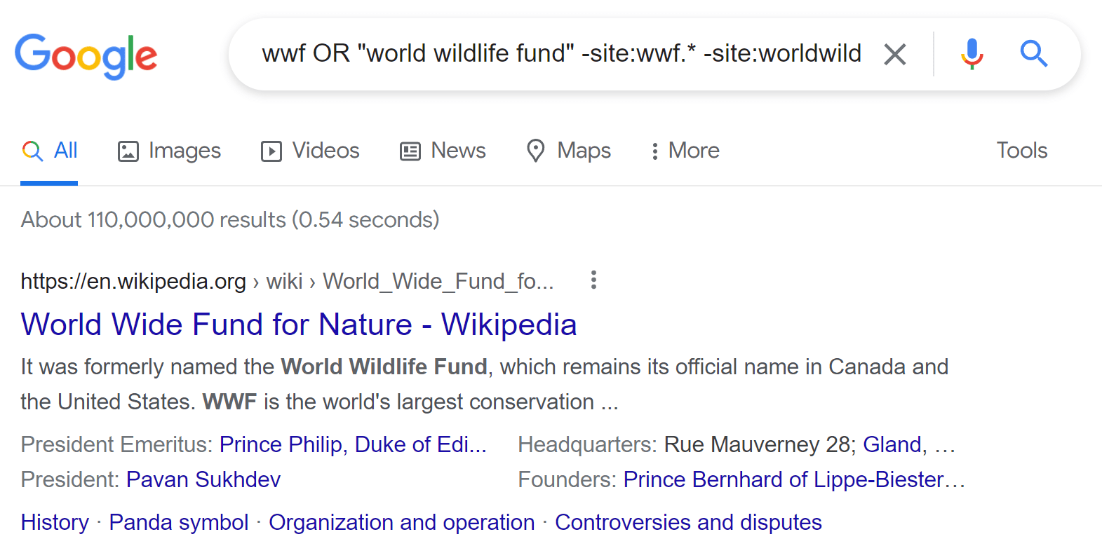 Google SERP for "wwf" or "world wildlife fund" with search operators applied