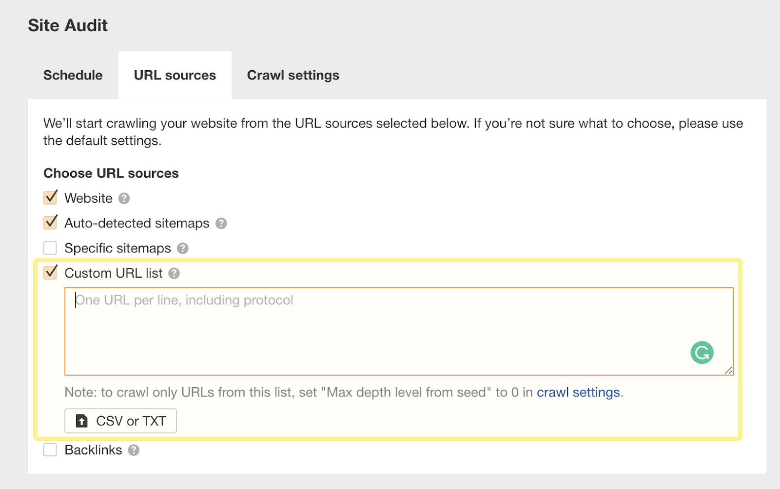 Page to set up crawl sources; text field to enter custom URLs