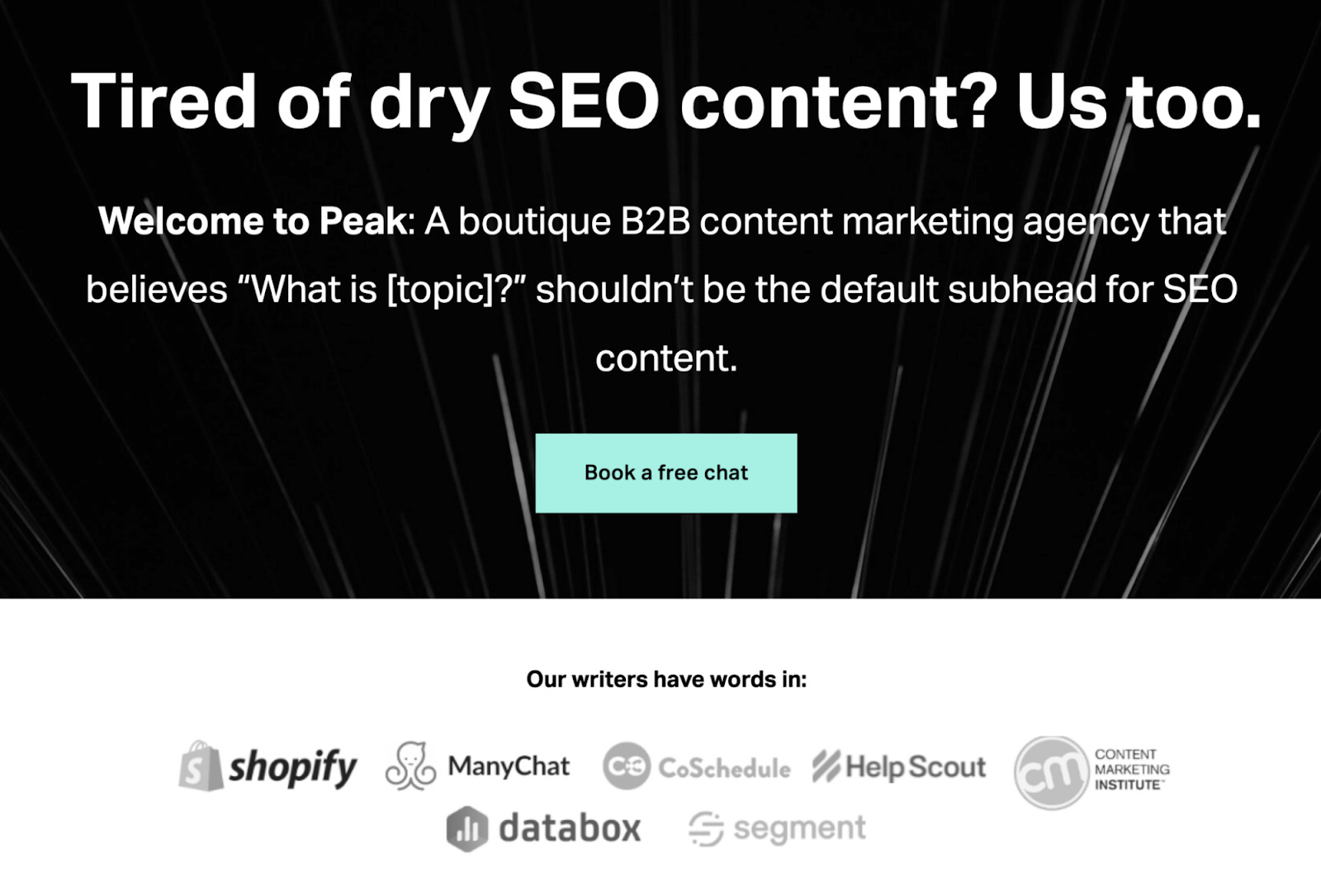 CTA asking site visitors to book a free chat to discuss Peak's marketing and SEO services