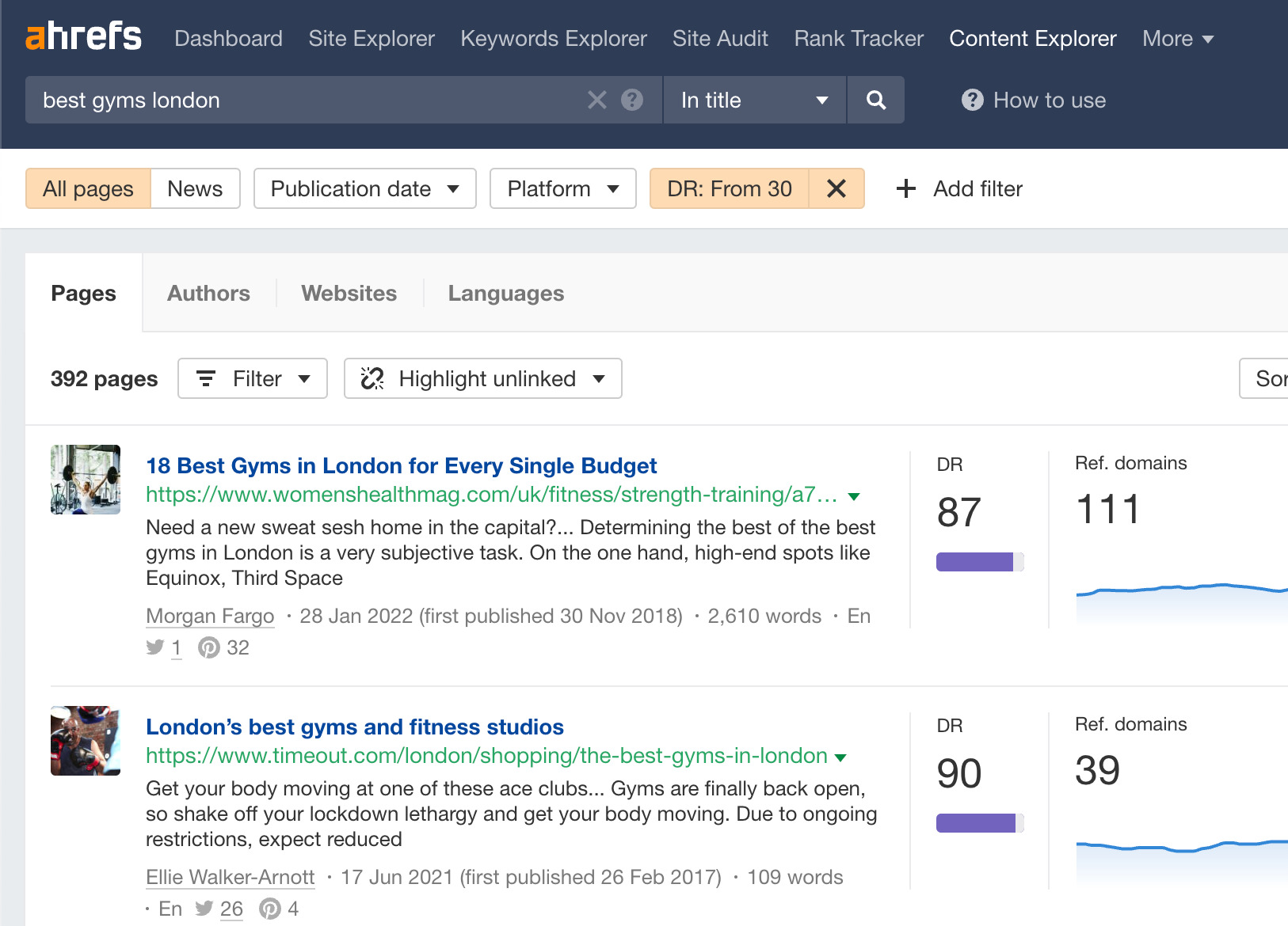 Using Ahrefs' Content Explorer to find pages listing the best gyms in London