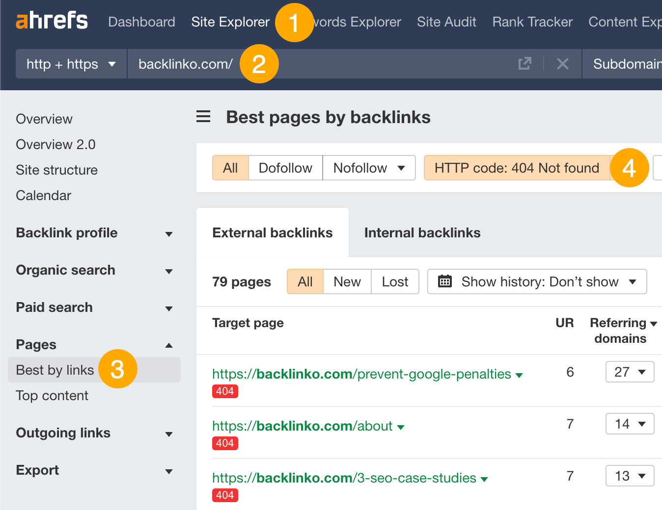 Filtering for dead pages with backlinks in Ahrefs' Site Explorer
