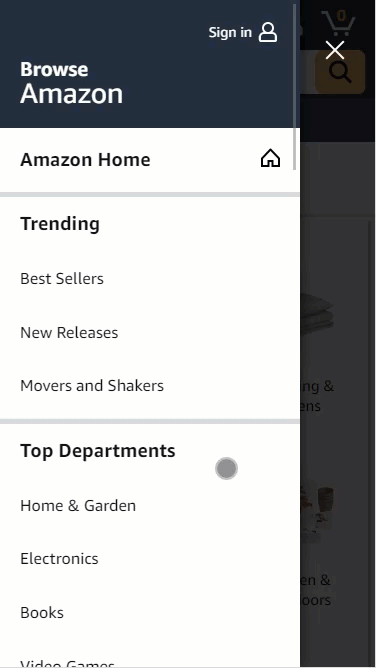 Amazon hamburger menu expanded from the left