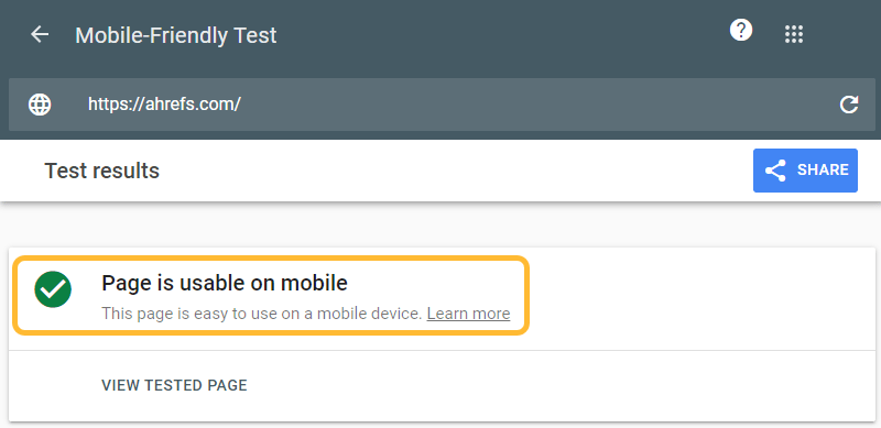 Page passing the Mobile-Friendly Test