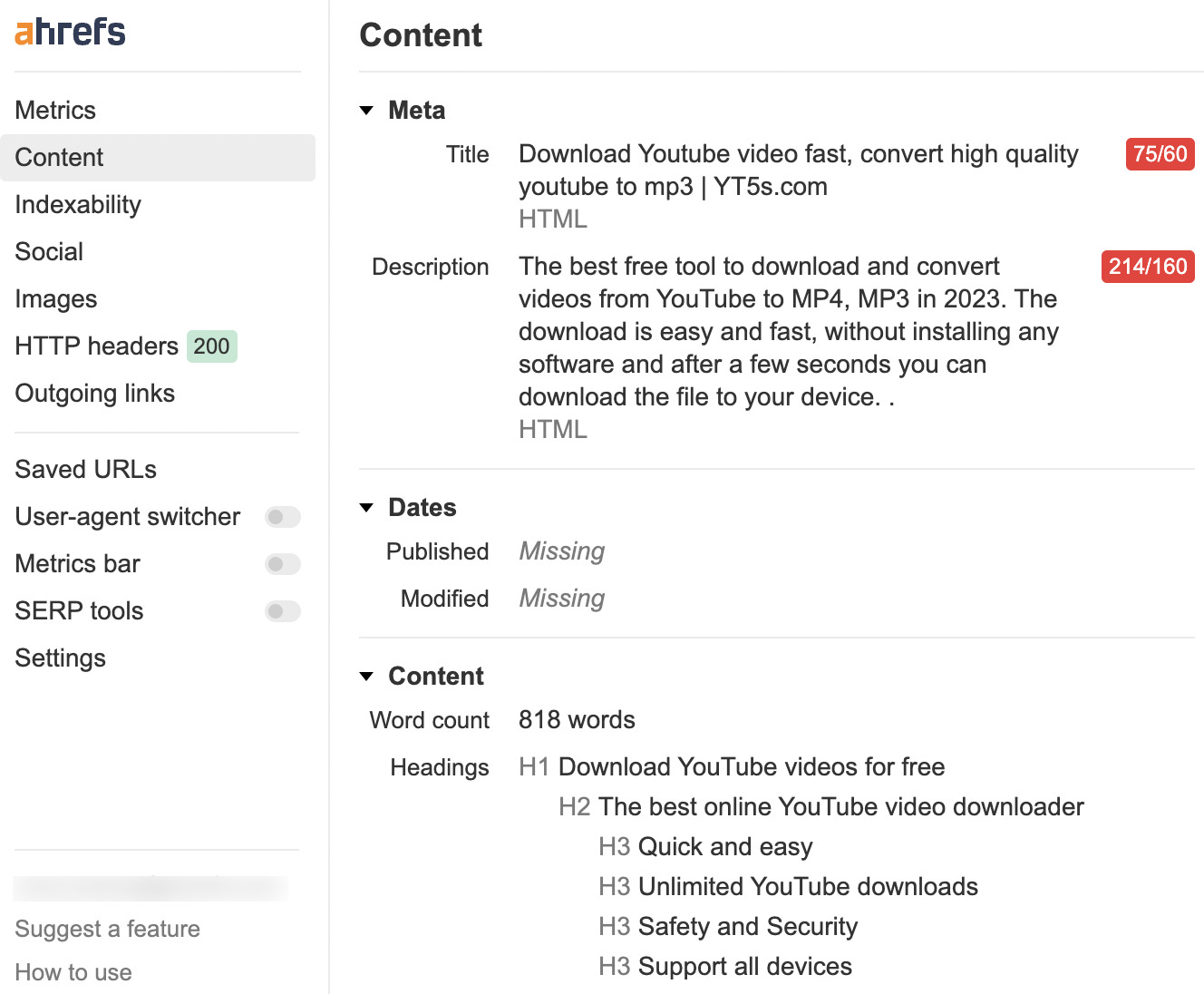 YT5S content, via Ahrefs' SEO Toolbar