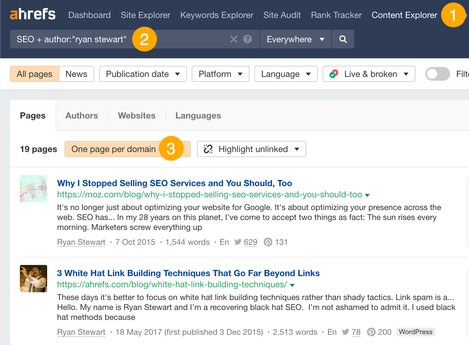 Searching for content by a prolific guest blogger in Ahrefs' Content Explorer