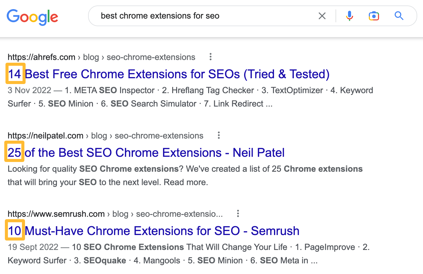 Examples of listicles ranking on the first page for "best chrome extensions for seo"