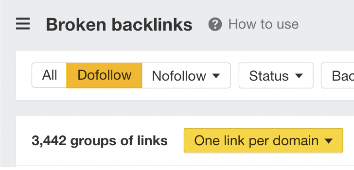 Broken backlinks report, via Ahrefs' Site Explorer