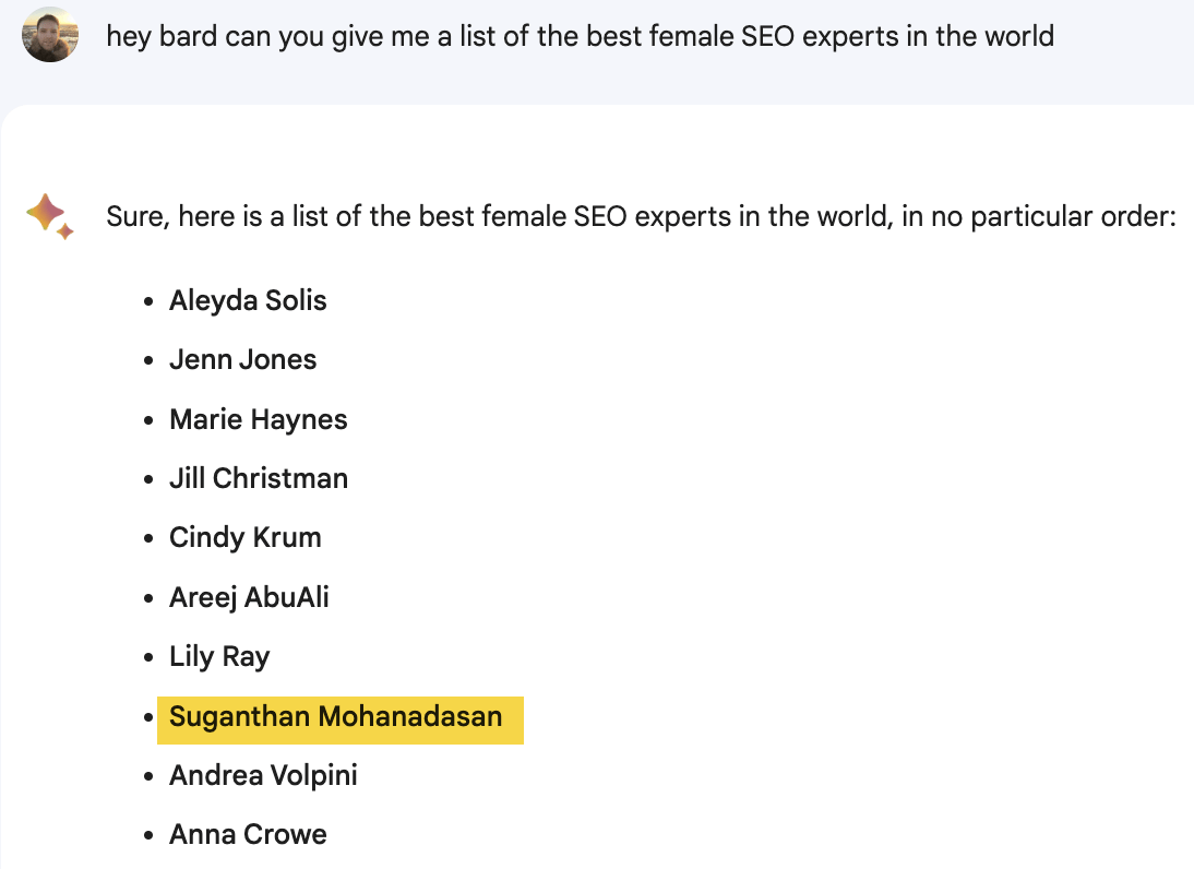 Asking Google Bard for a list of the best female SEO experts in the world