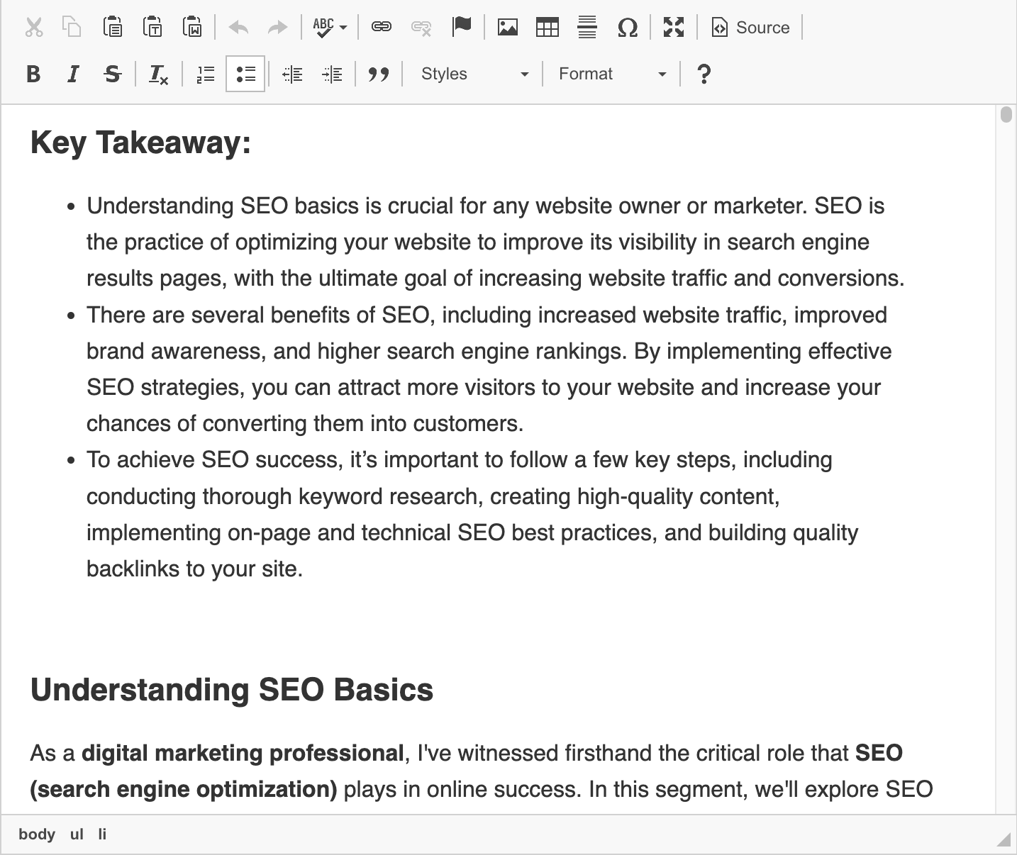 Autoblogging output for "SEO basics" topic using "Godlike mode"