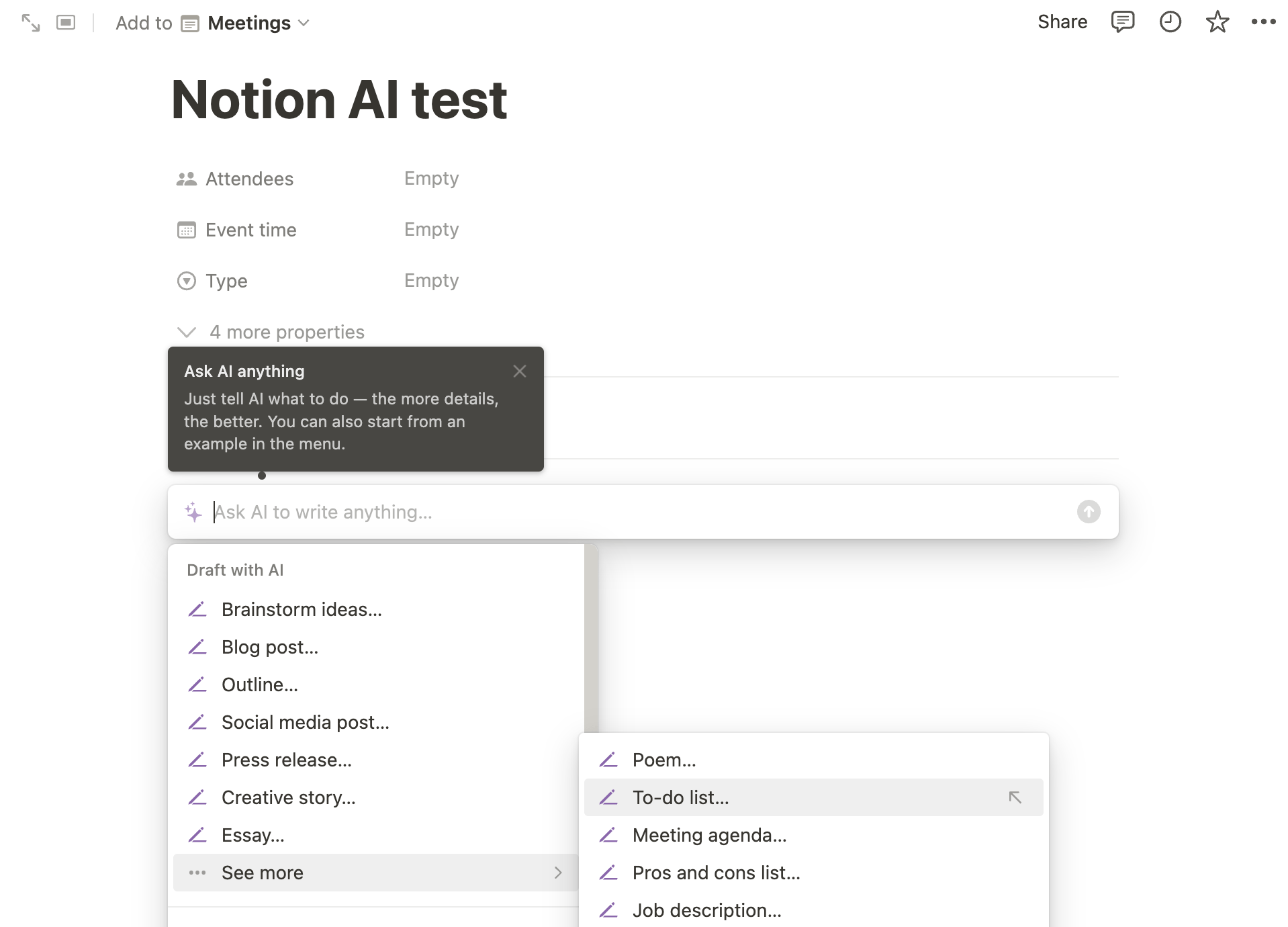 Notion AI menu