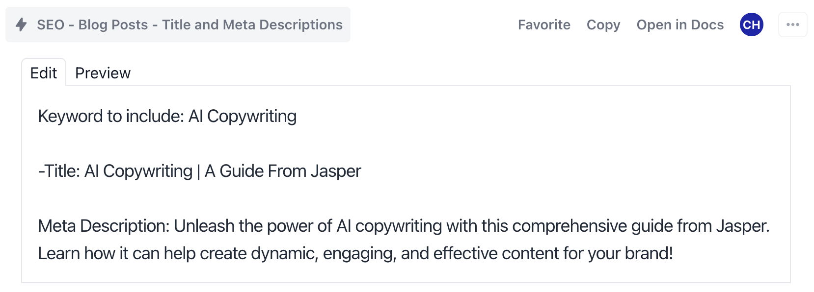 Jasper's copywriting output example