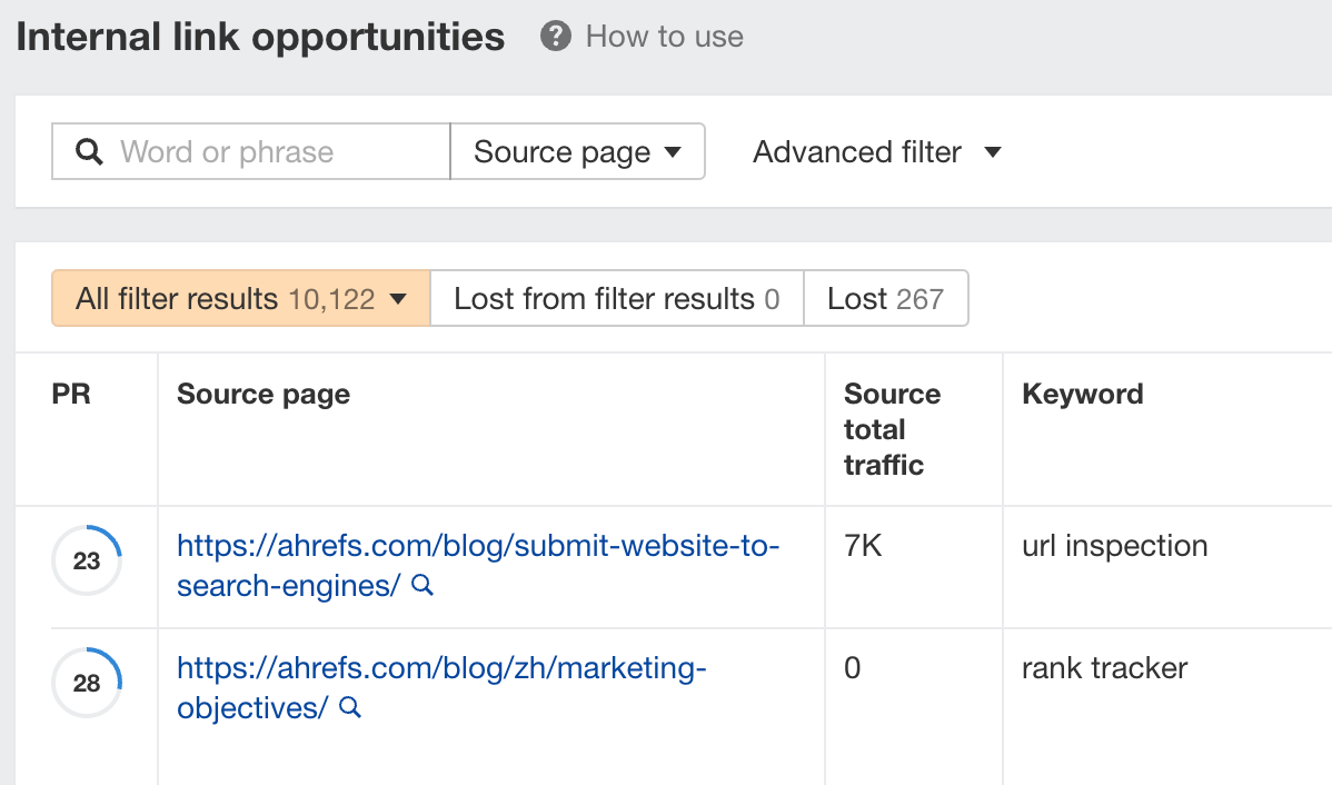 Internal link opportunities report, via Ahrefs' Site Audit