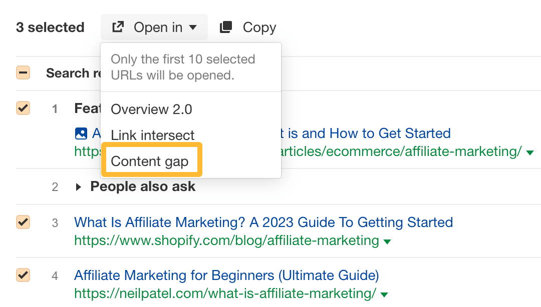 How to open pages in Ahrefs' Content Gap tool