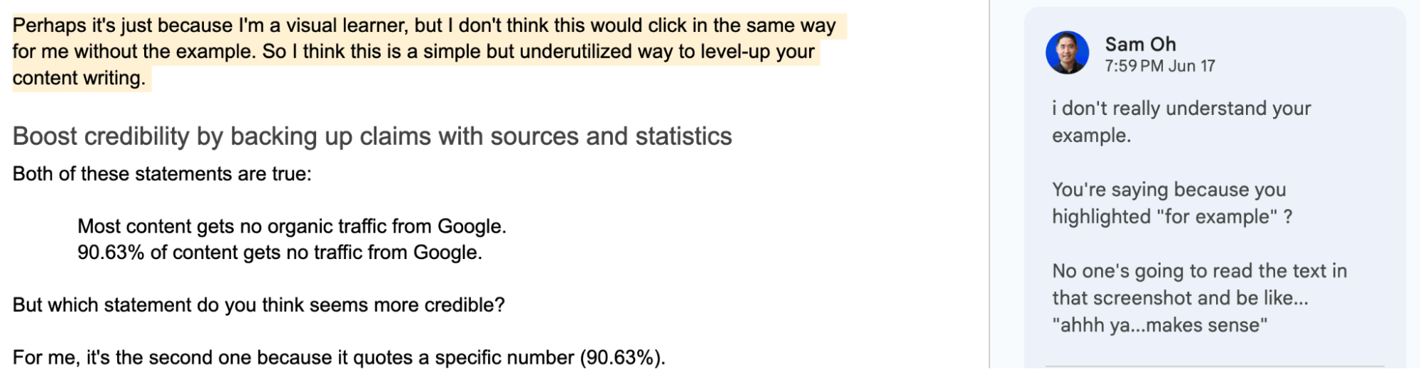 Example feedback on our content writing process