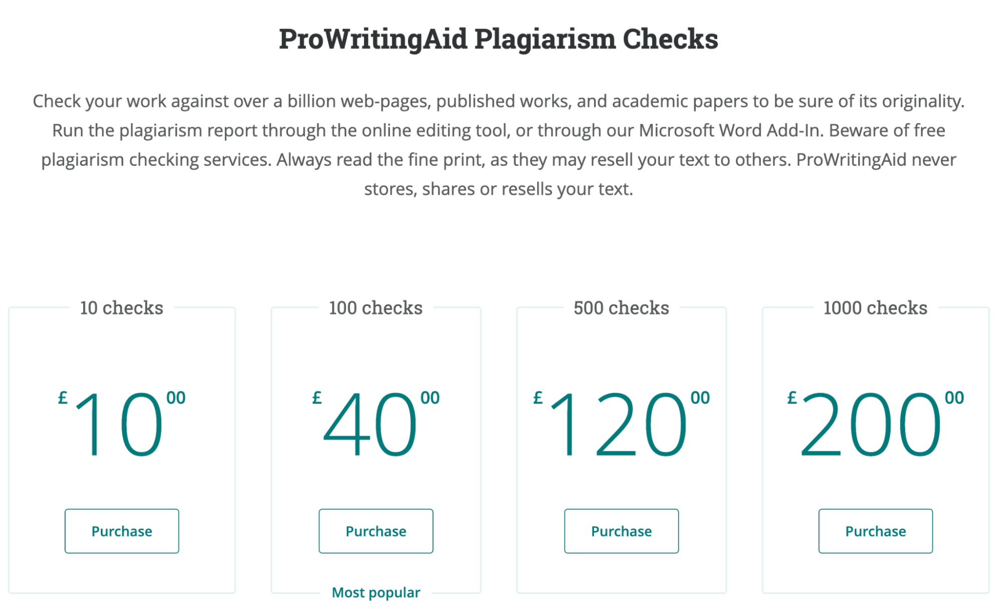 ProWritingAid's plagiarism checker pricing