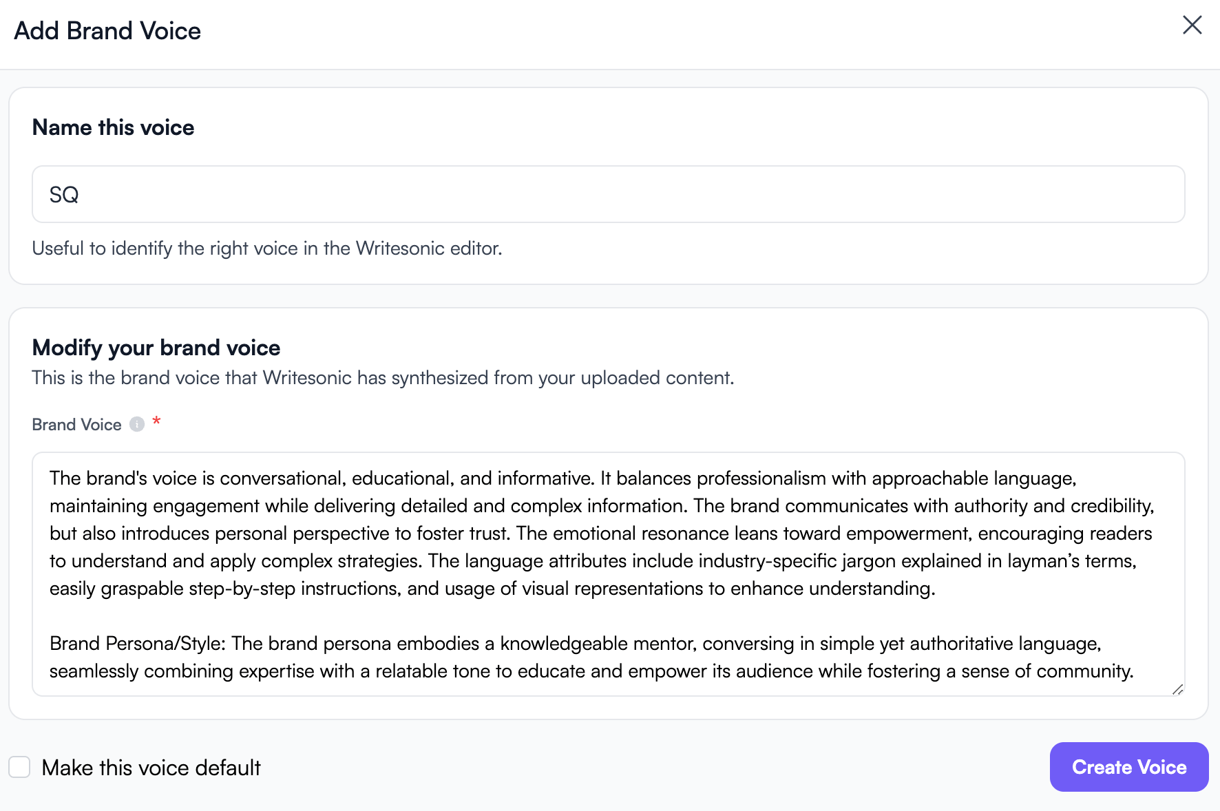 Writesonic analyzes SQ's brand voice