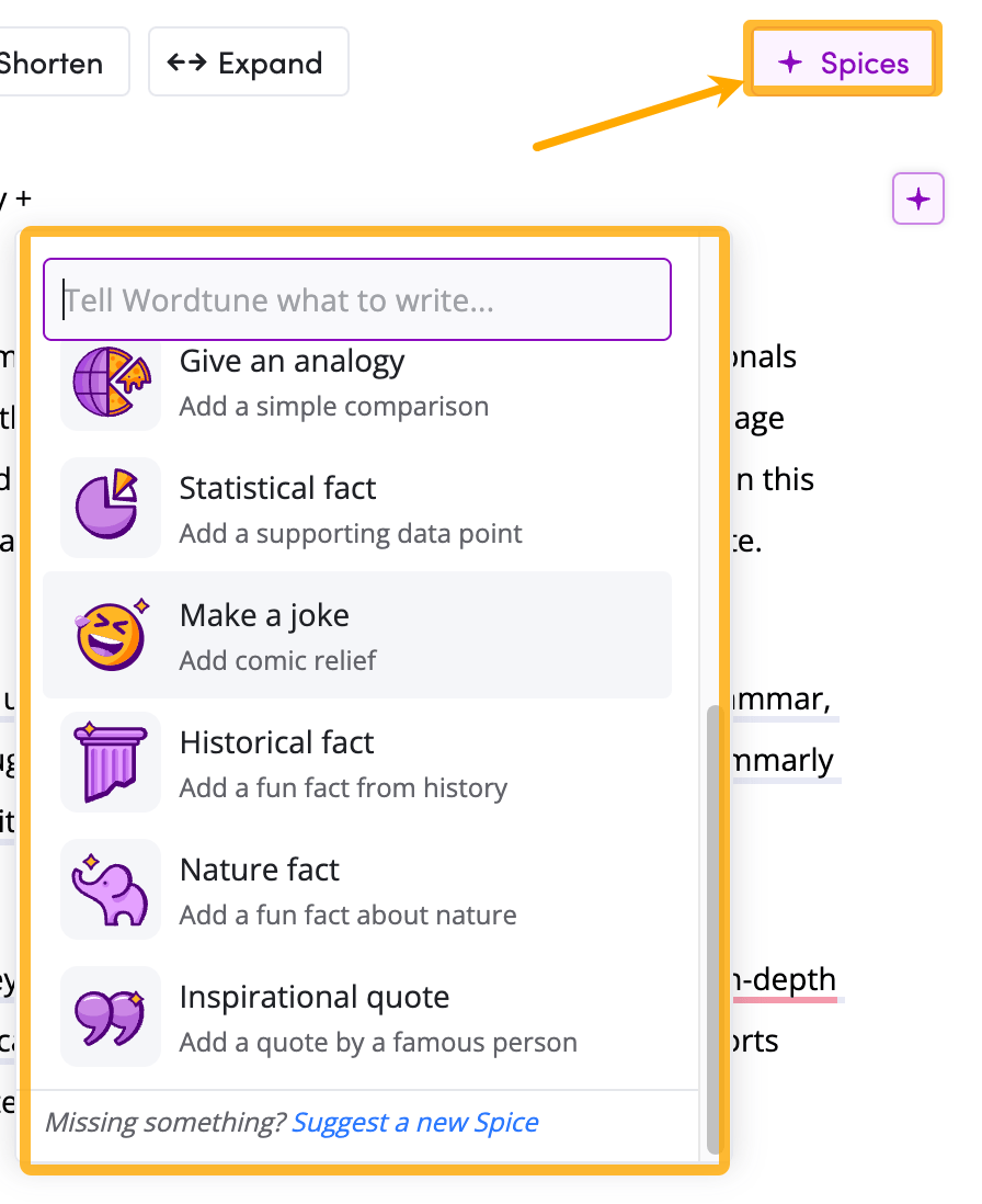 Wordtune's "Spices" feature