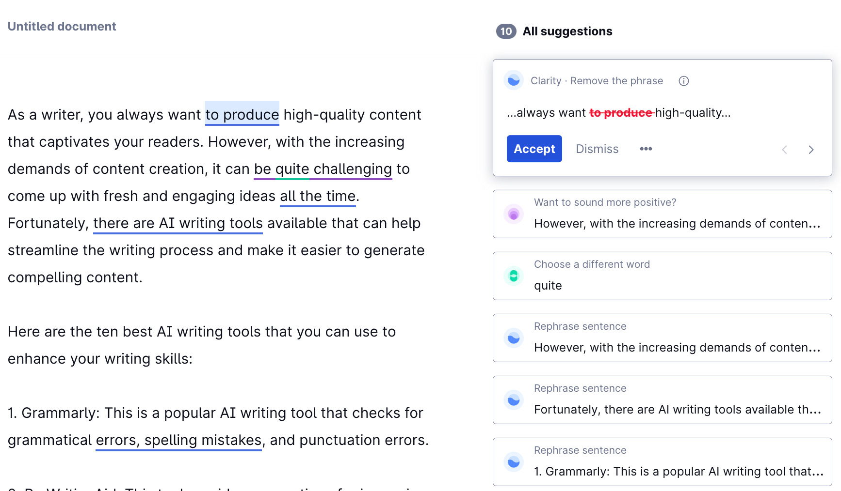 Grammarly reviewing the AI content it generated