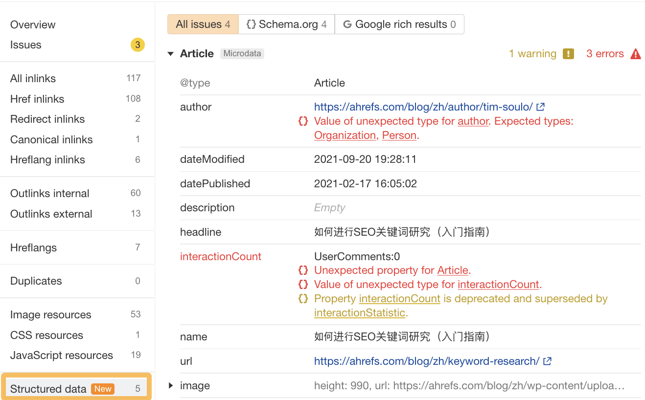 Structured data report, via Ahrefs' Site Audit