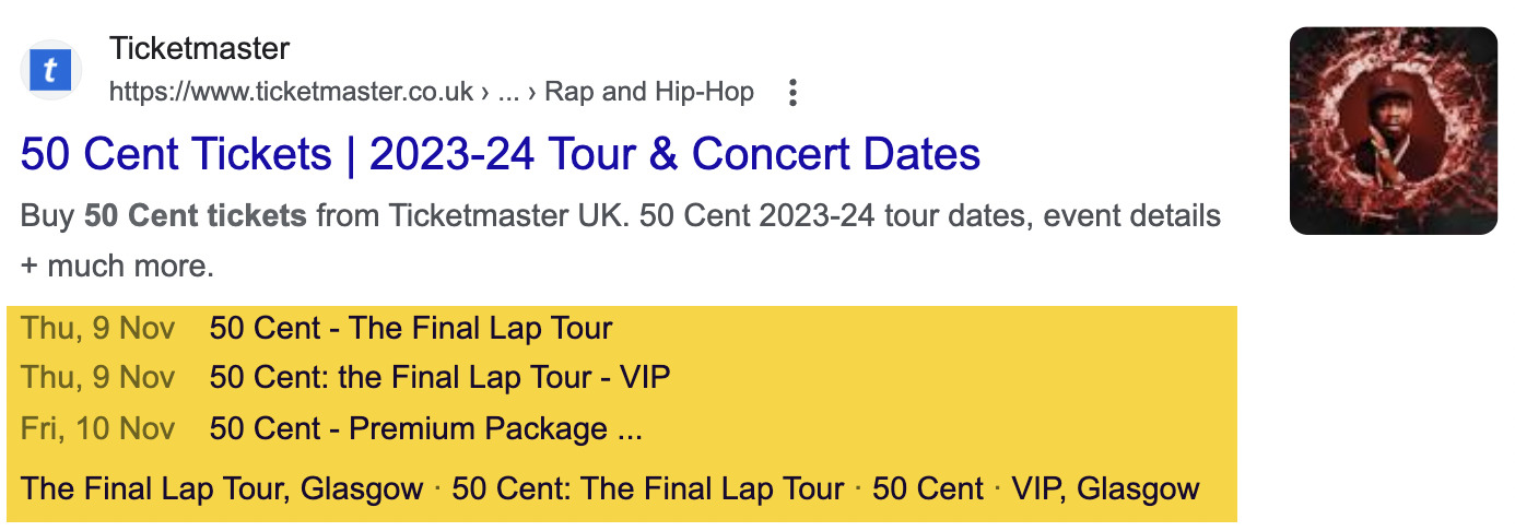 Events snippet example, via google.com