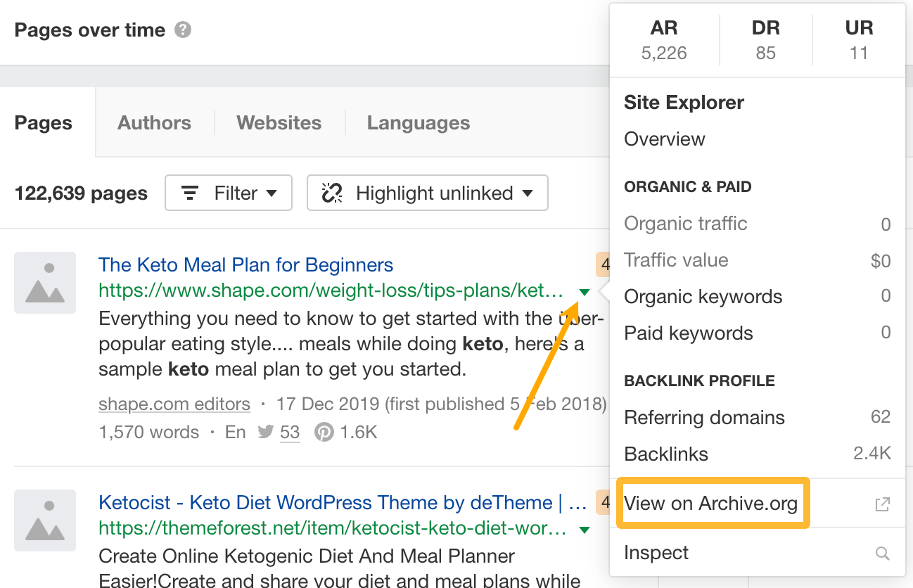 Clicking "View on Archive.org" to see what a page looked like in the past