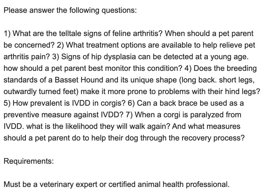 Query put out by a journalist from a pet website