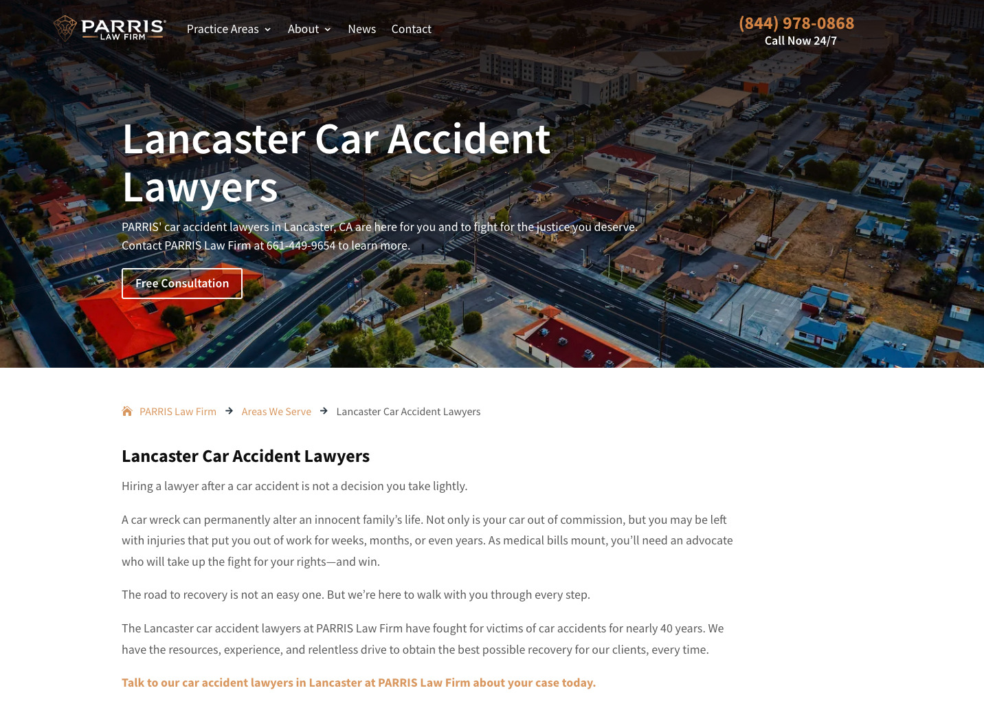 Parris Law Firm's above the fold design on a location landing page