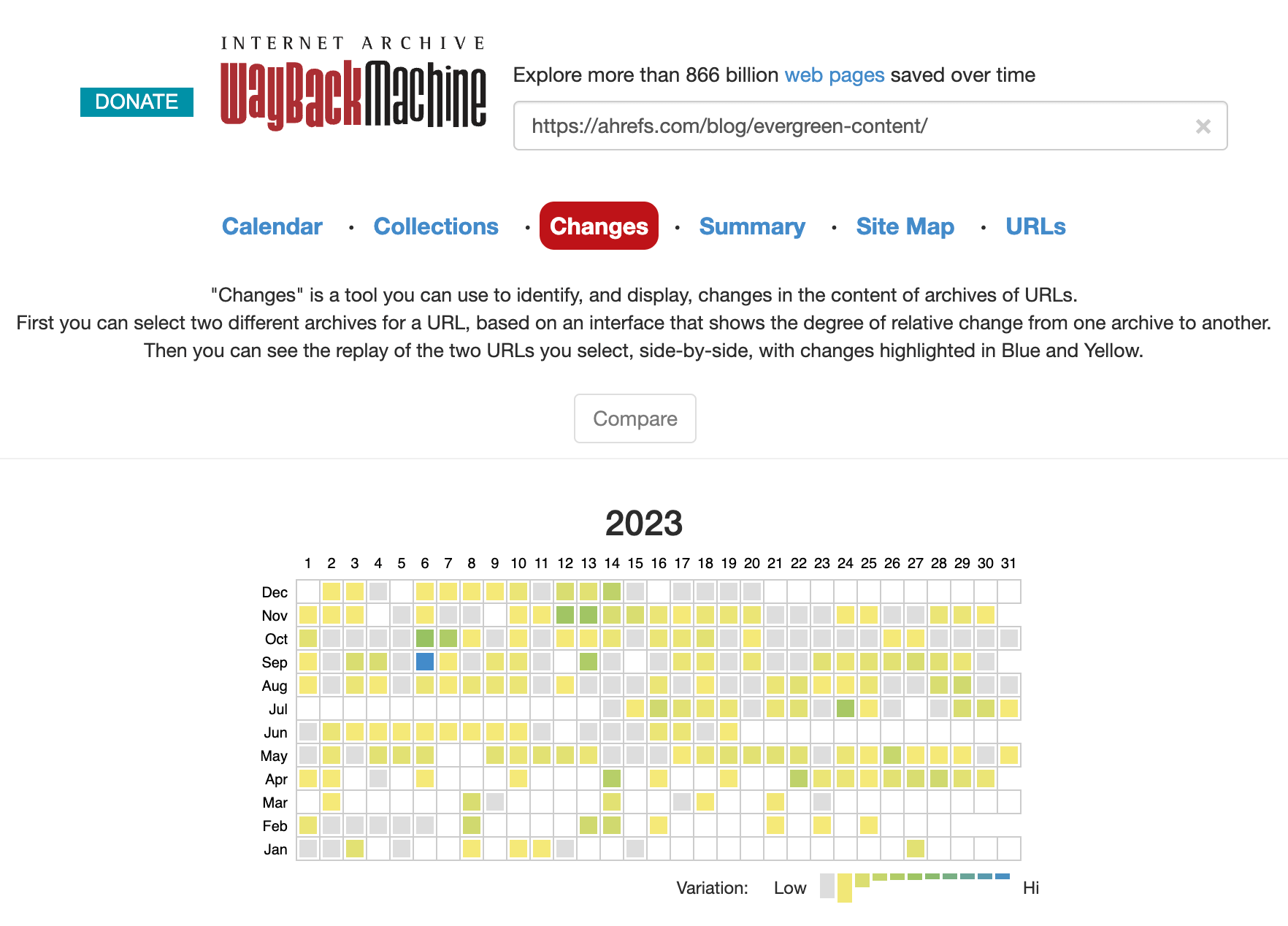 Wayback Machine 的更改功能可显示页面的主要和次要改动。